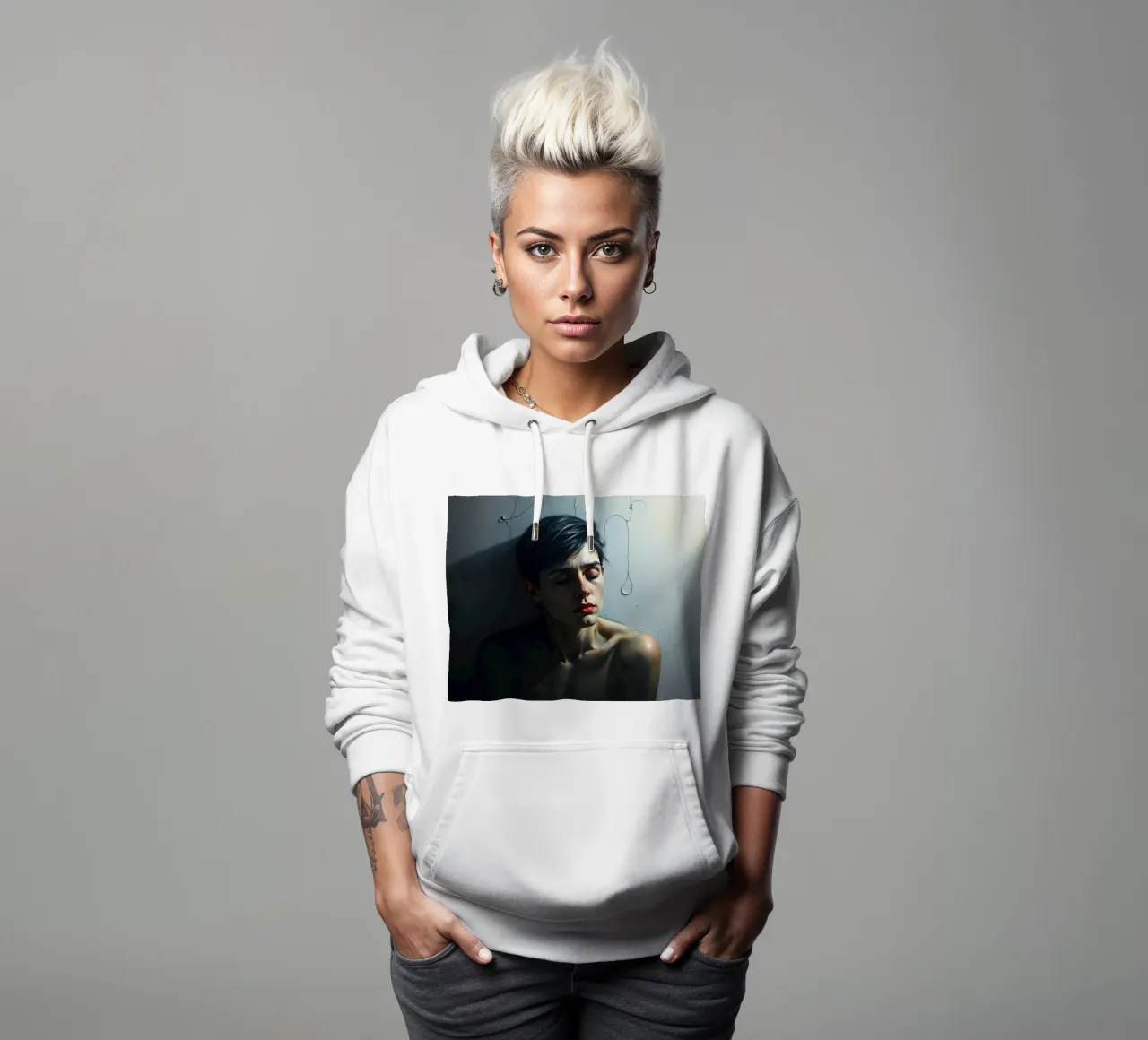 Espressione di vulnerabilità e contemplazione in un ambiente poco illuminato. felpa con cappuccio da DesignDoodle