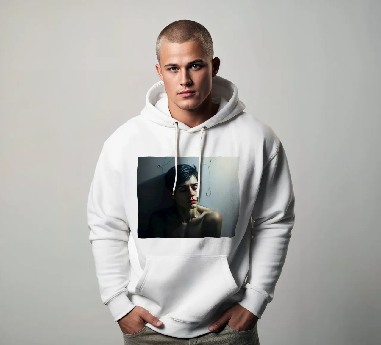 Espressione di vulnerabilità e contemplazione in un ambiente poco illuminato. felpa con cappuccio da DesignDoodle