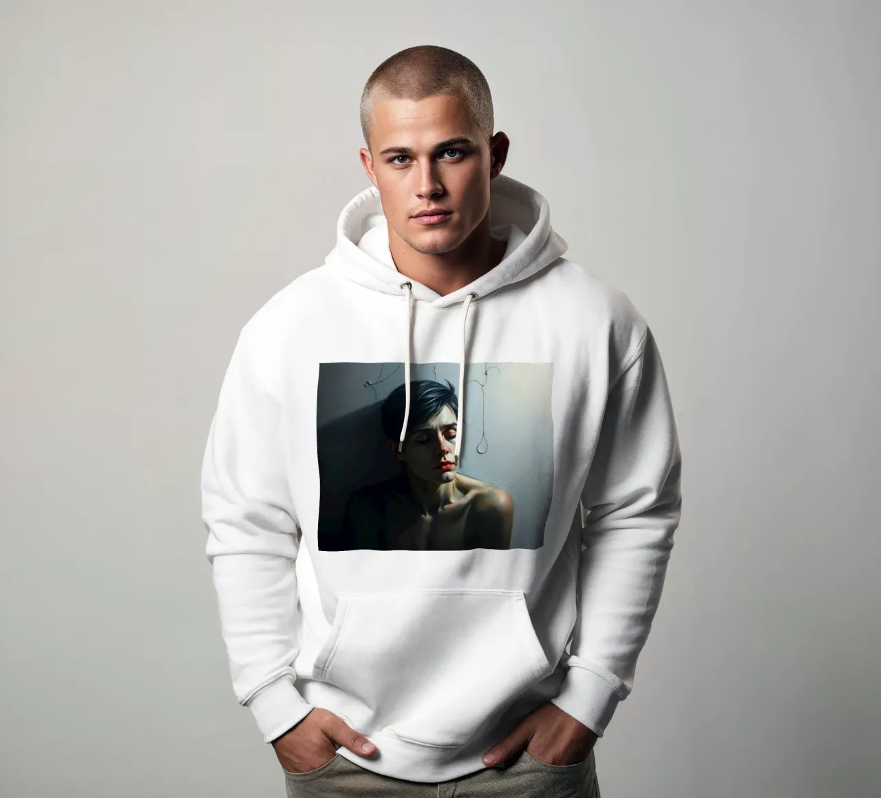 Expression of vulnerability and contemplation in a dimly lit hoodie by DesignDoodle