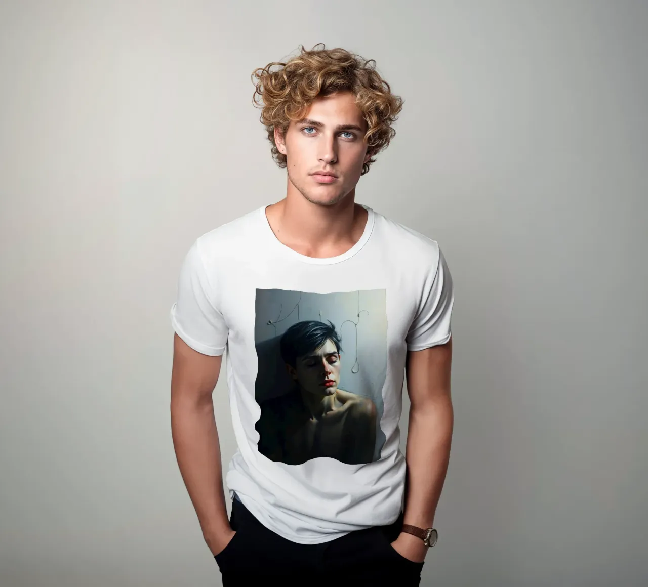 Expression of vulnerability and contemplation in a dimly lit t-shirt by DesignDoodle