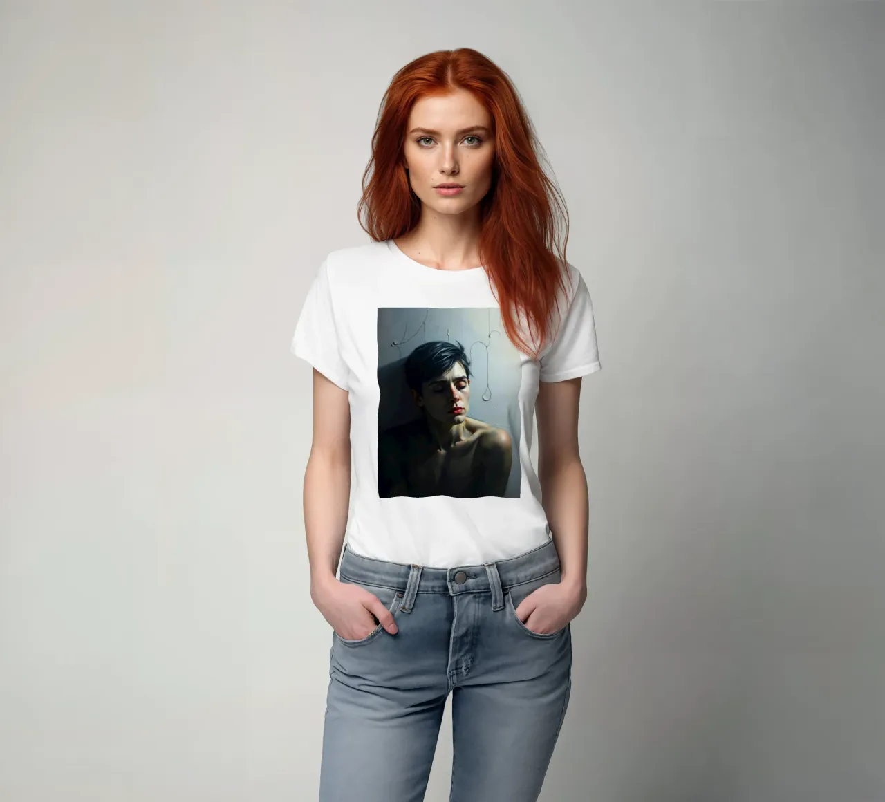 Expression of vulnerability and contemplation in a dimly lit t-shirt by DesignDoodle