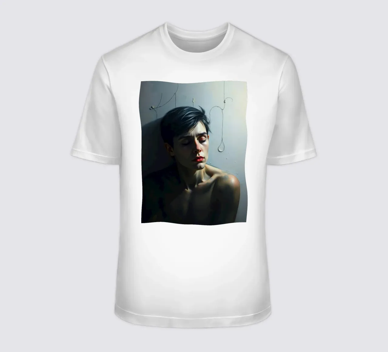 Expression of vulnerability and contemplation in a dimly lit t-shirt by DesignDoodle