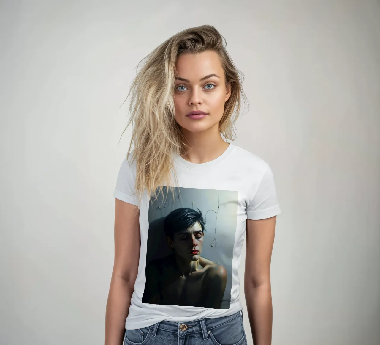 Expression of vulnerability and contemplation in a dimly lit women's fitted t-shirt by DesignDoodle