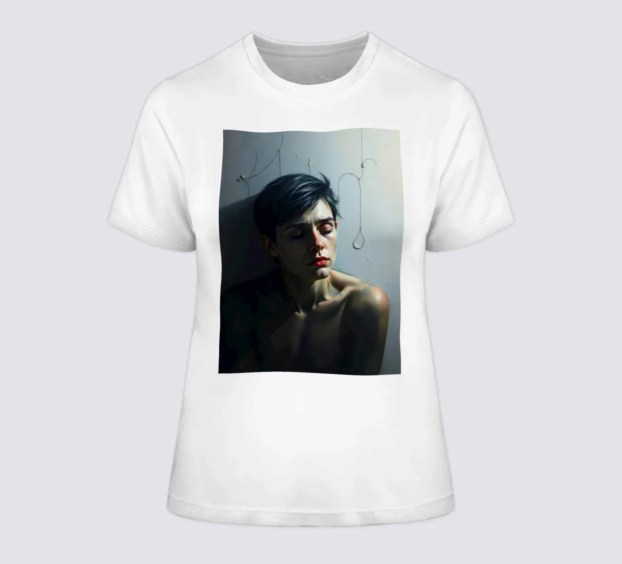 Expression of vulnerability and contemplation in a dimly lit women's fitted t-shirt by DesignDoodle