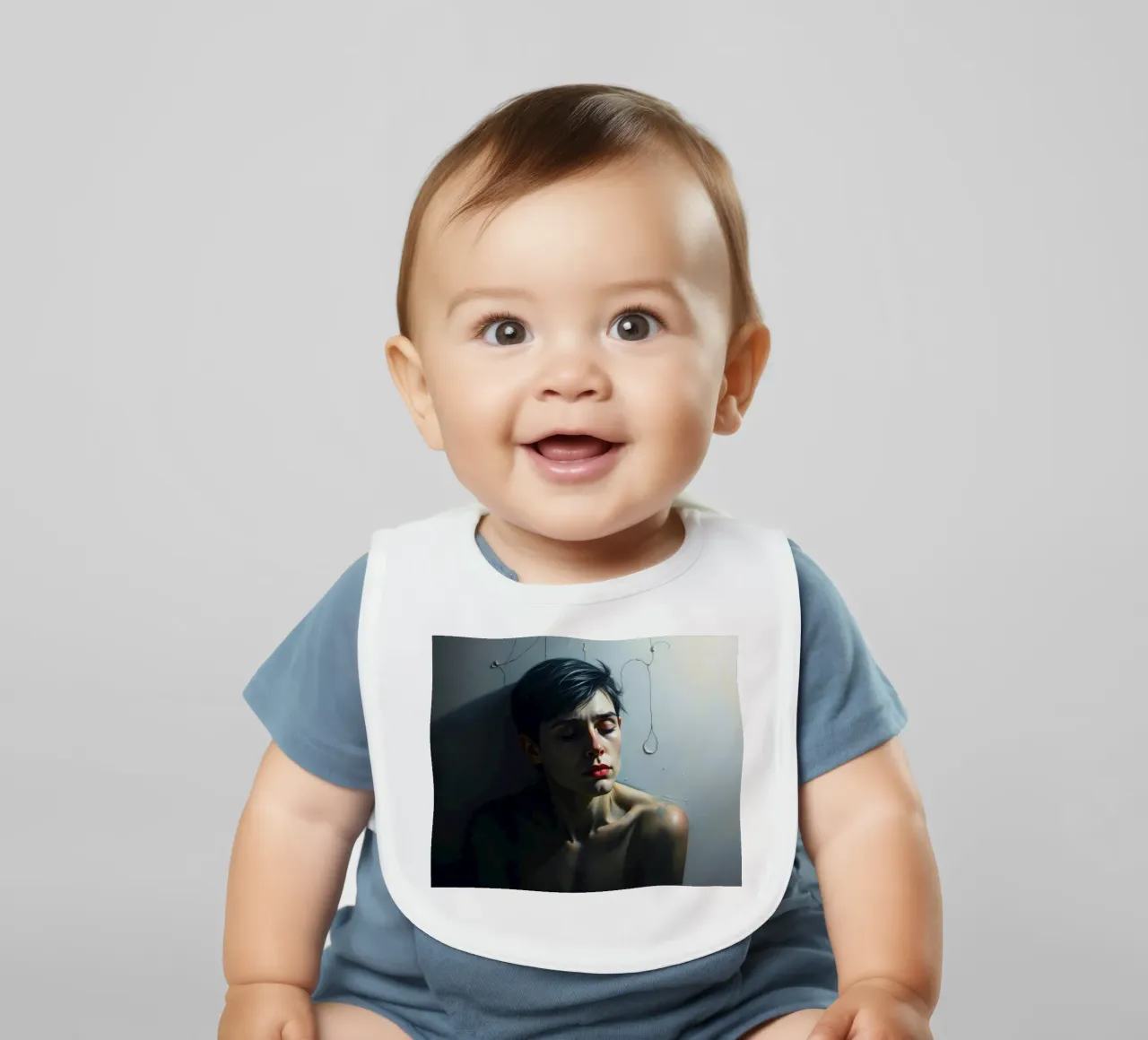 Expression of vulnerability and contemplation in a dimly lit baby bib by DesignDoodle