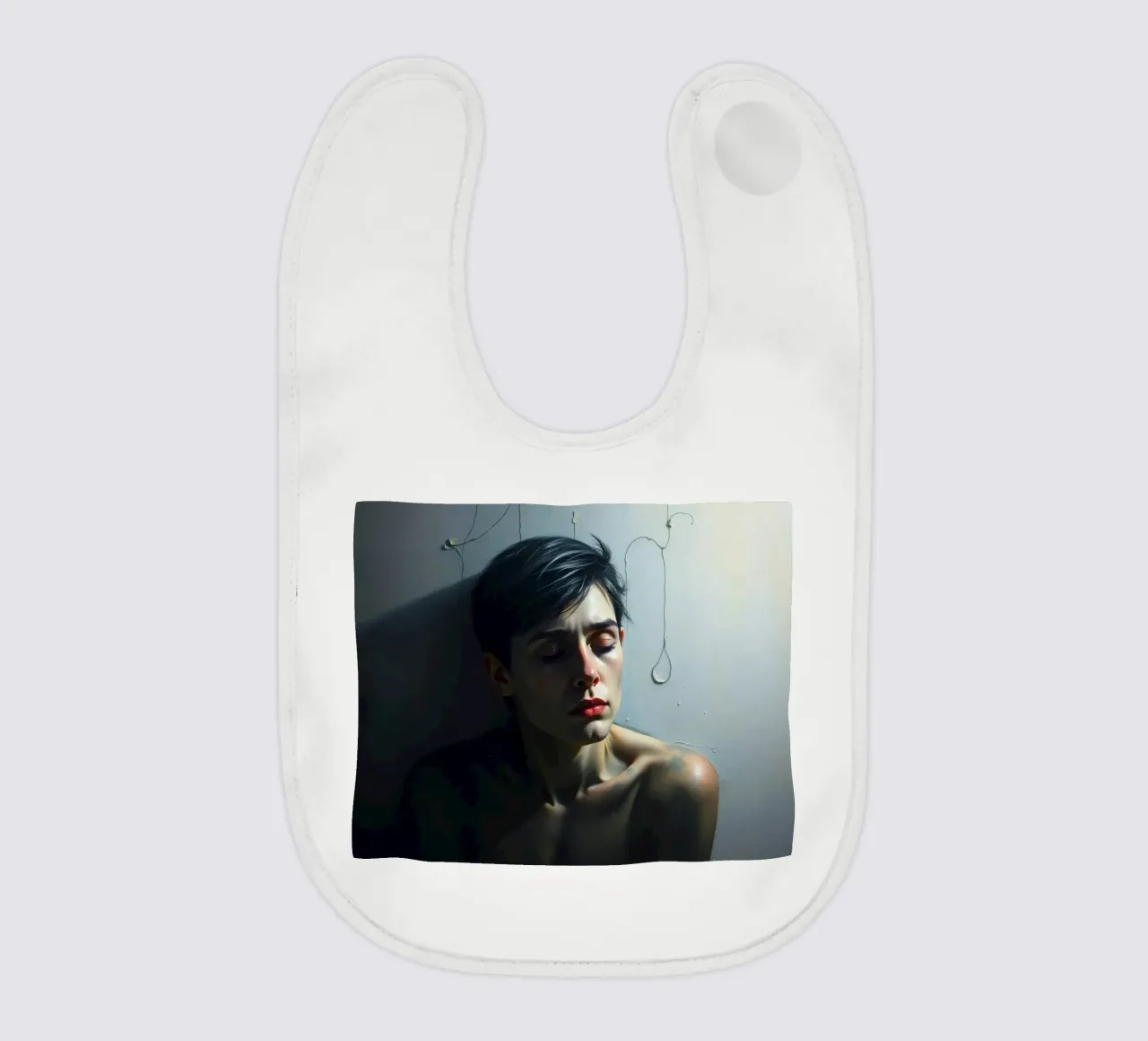 Expression of vulnerability and contemplation in a dimly lit baby bib by DesignDoodle