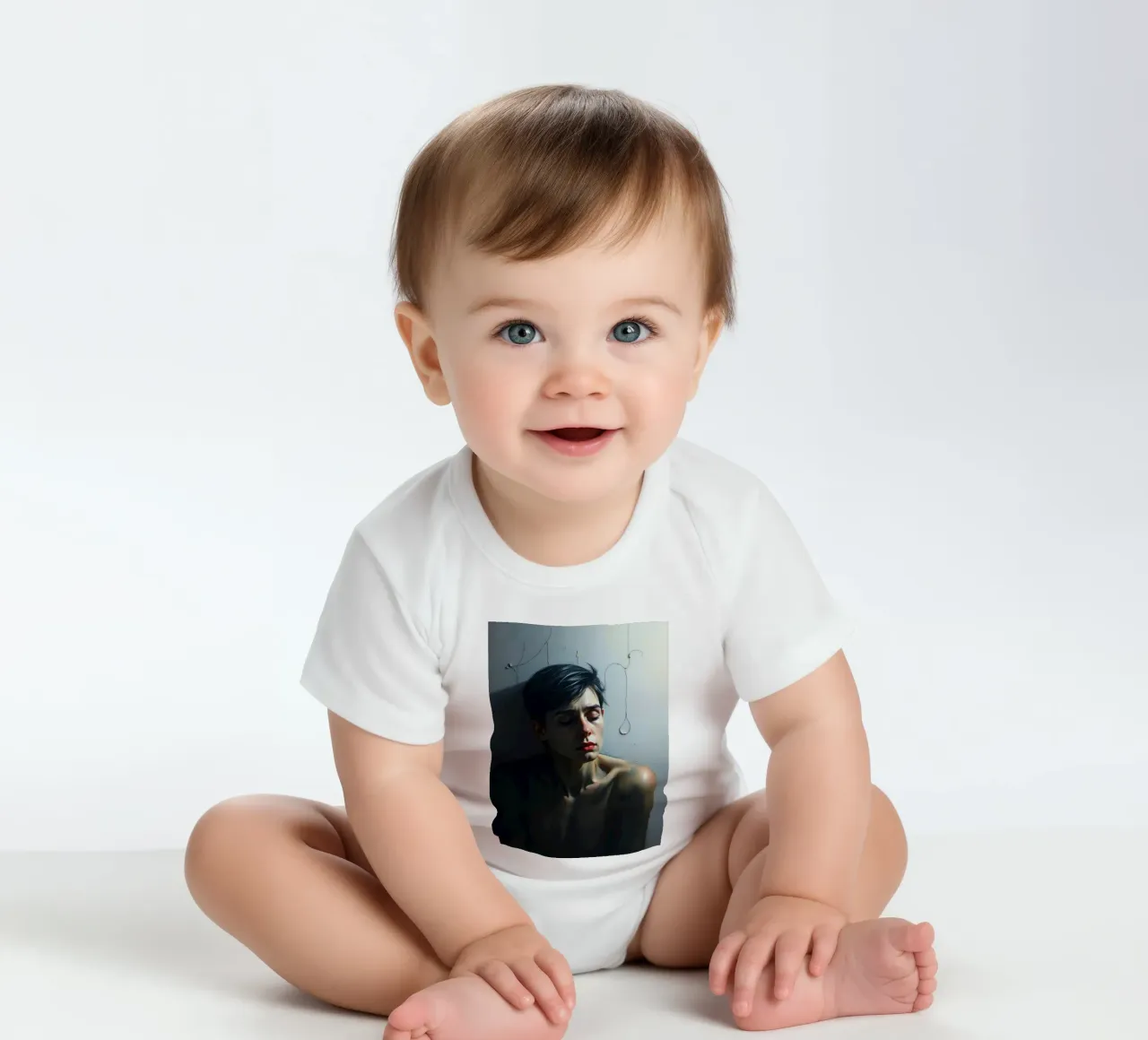 Expression of vulnerability and contemplation in a dimly lit short-sleeve baby romper by DesignDoodle