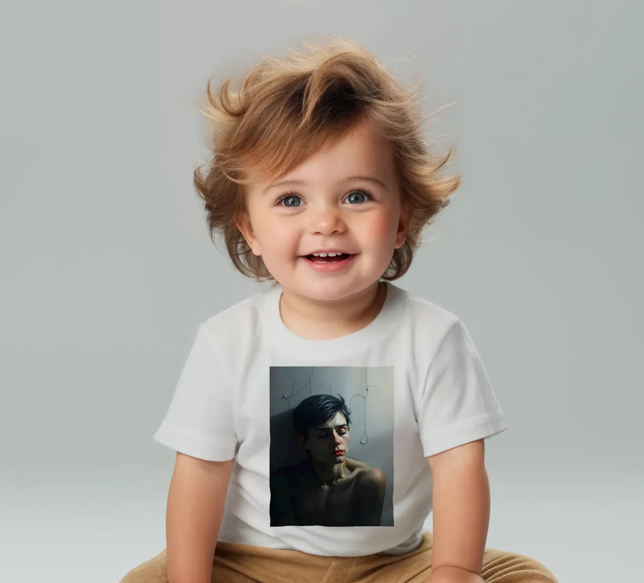 Espressione di vulnerabilità e contemplazione in un ambiente poco illuminato. maglietta neonato da DesignDoodle