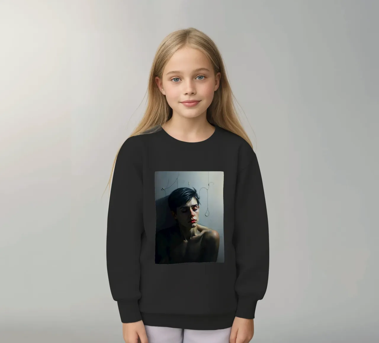 Espressione di vulnerabilità e contemplazione in un ambiente poco illuminato. felpa bambino da DesignDoodle