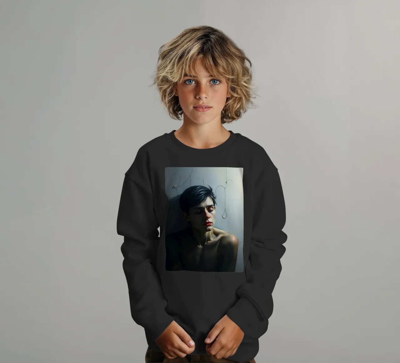 Espressione di vulnerabilità e contemplazione in un ambiente poco illuminato. felpa bambino da DesignDoodle