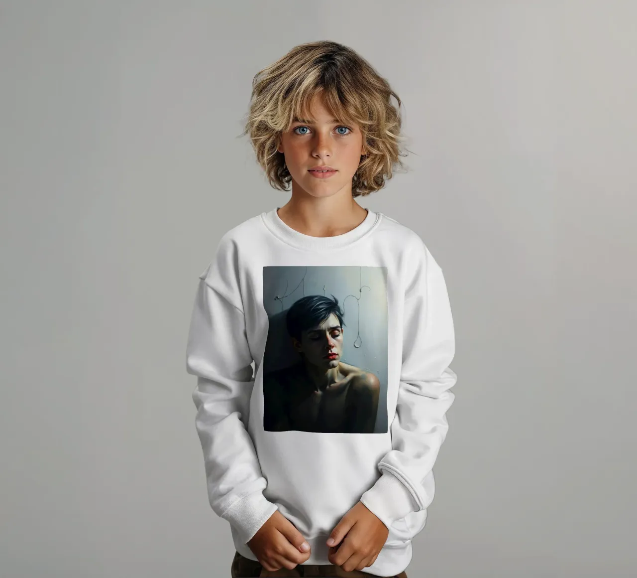 Expression of vulnerability and contemplation in a dimly lit kids sweatshirt by DesignDoodle
