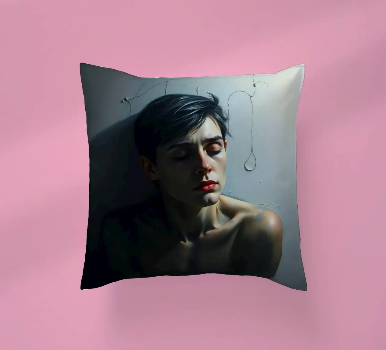 Expression of vulnerability and contemplation in a dimly lit decorative cushion by DesignDoodle