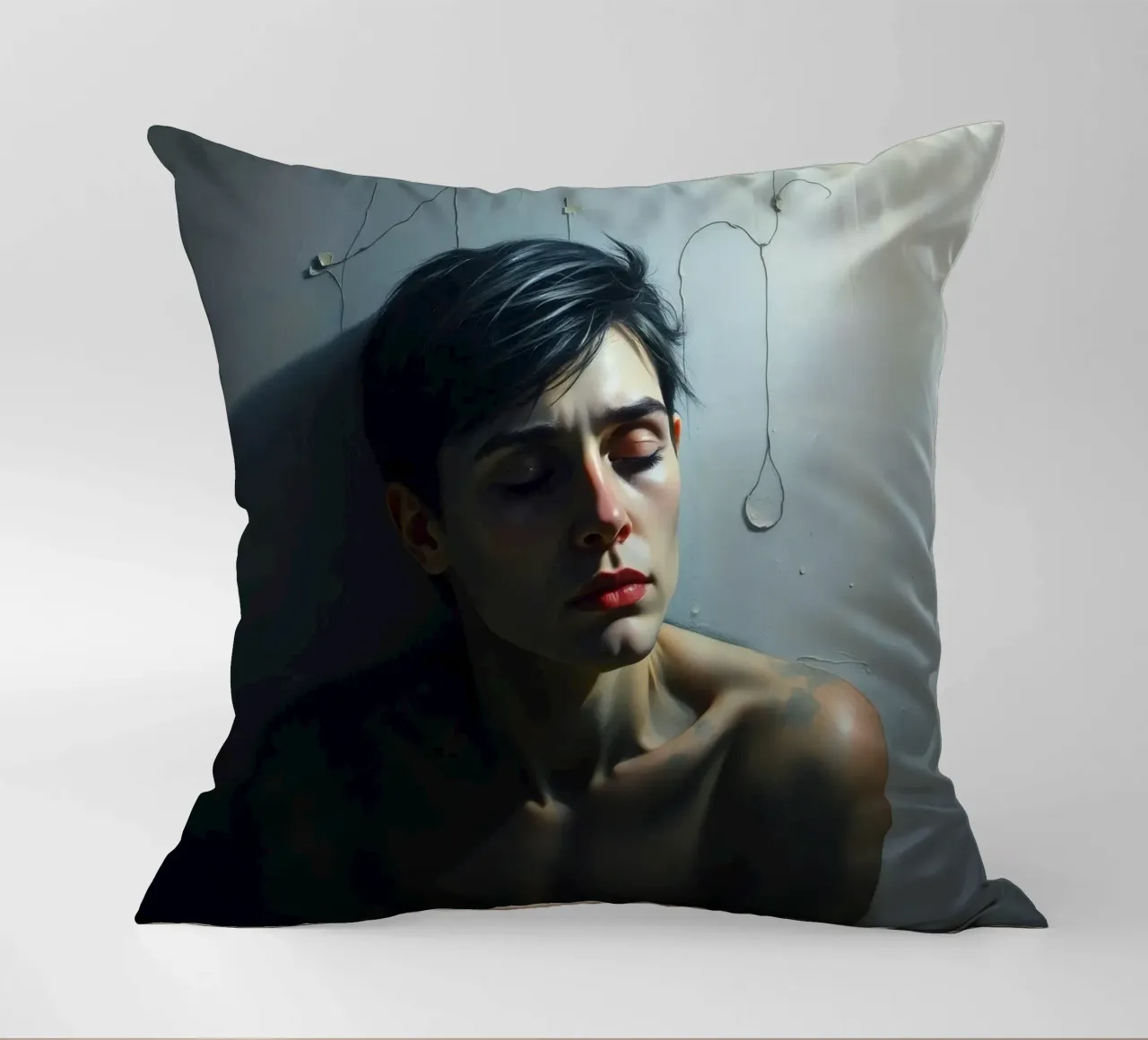 Expression of vulnerability and contemplation in a dimly lit decorative cushion by DesignDoodle