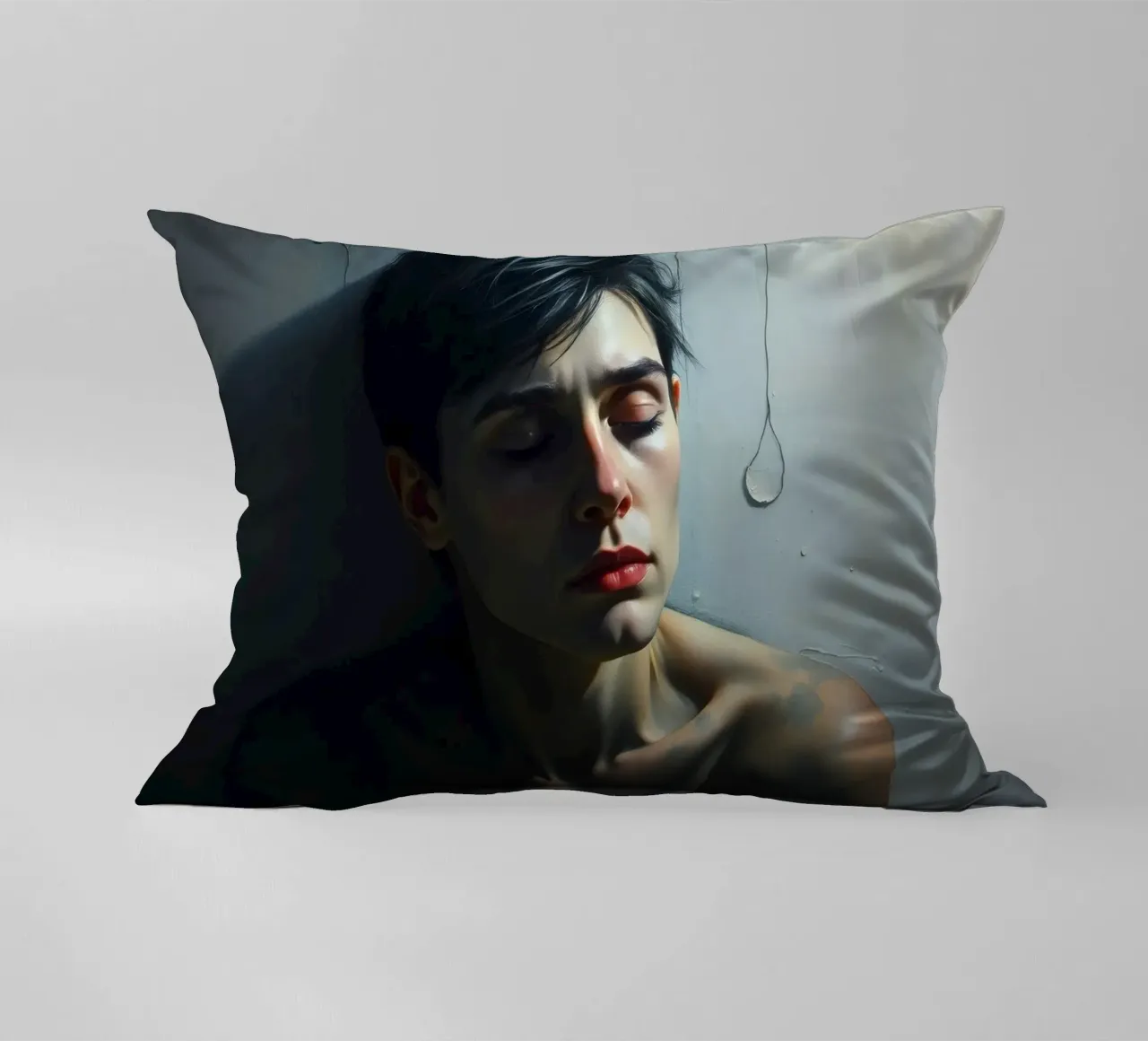 Expression of vulnerability and contemplation in a dimly lit decorative cushion by DesignDoodle