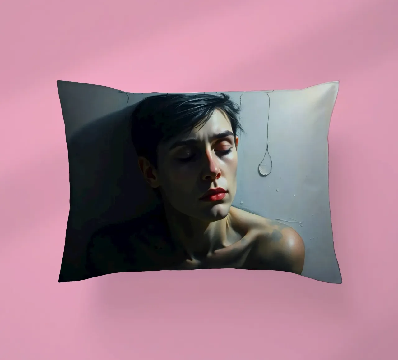 Expression of vulnerability and contemplation in a dimly lit decorative cushion by DesignDoodle