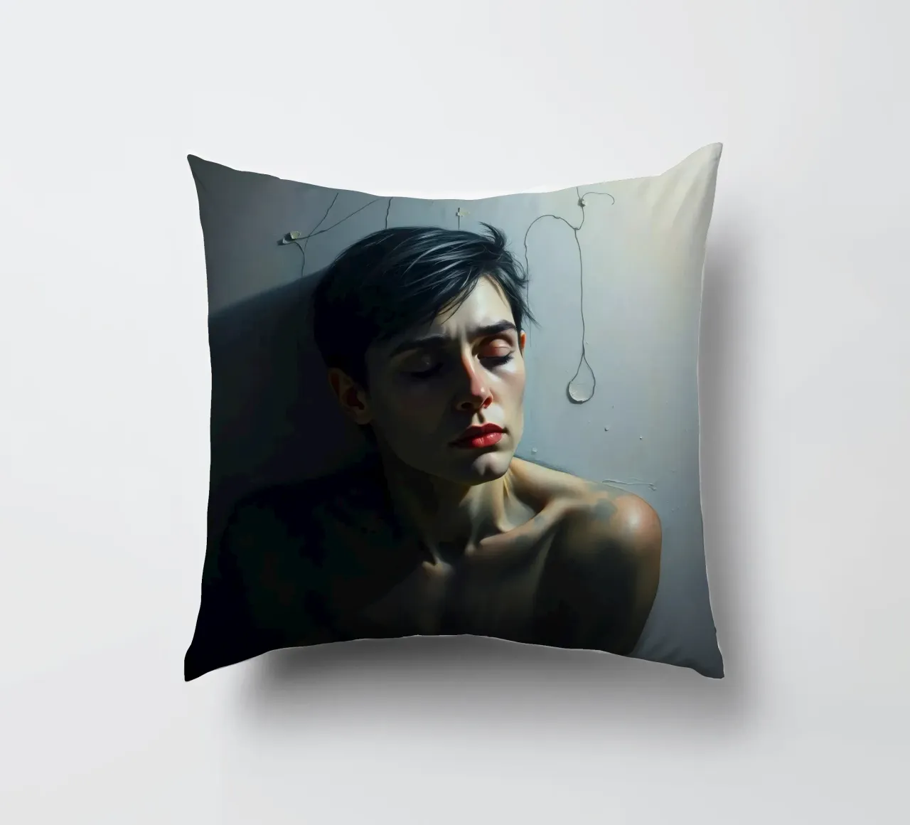 Expression of vulnerability and contemplation in a dimly lit decorative cushion by DesignDoodle