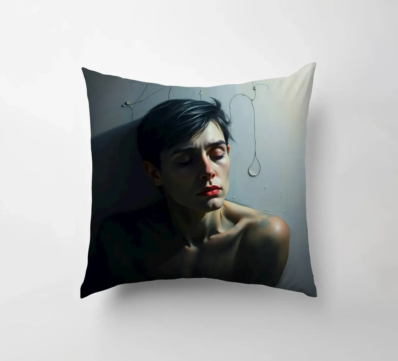 Expression of vulnerability and contemplation in a dimly lit decorative cushion by DesignDoodle