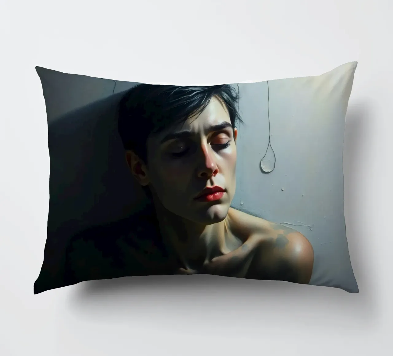 Expression of vulnerability and contemplation in a dimly lit decorative cushion by DesignDoodle