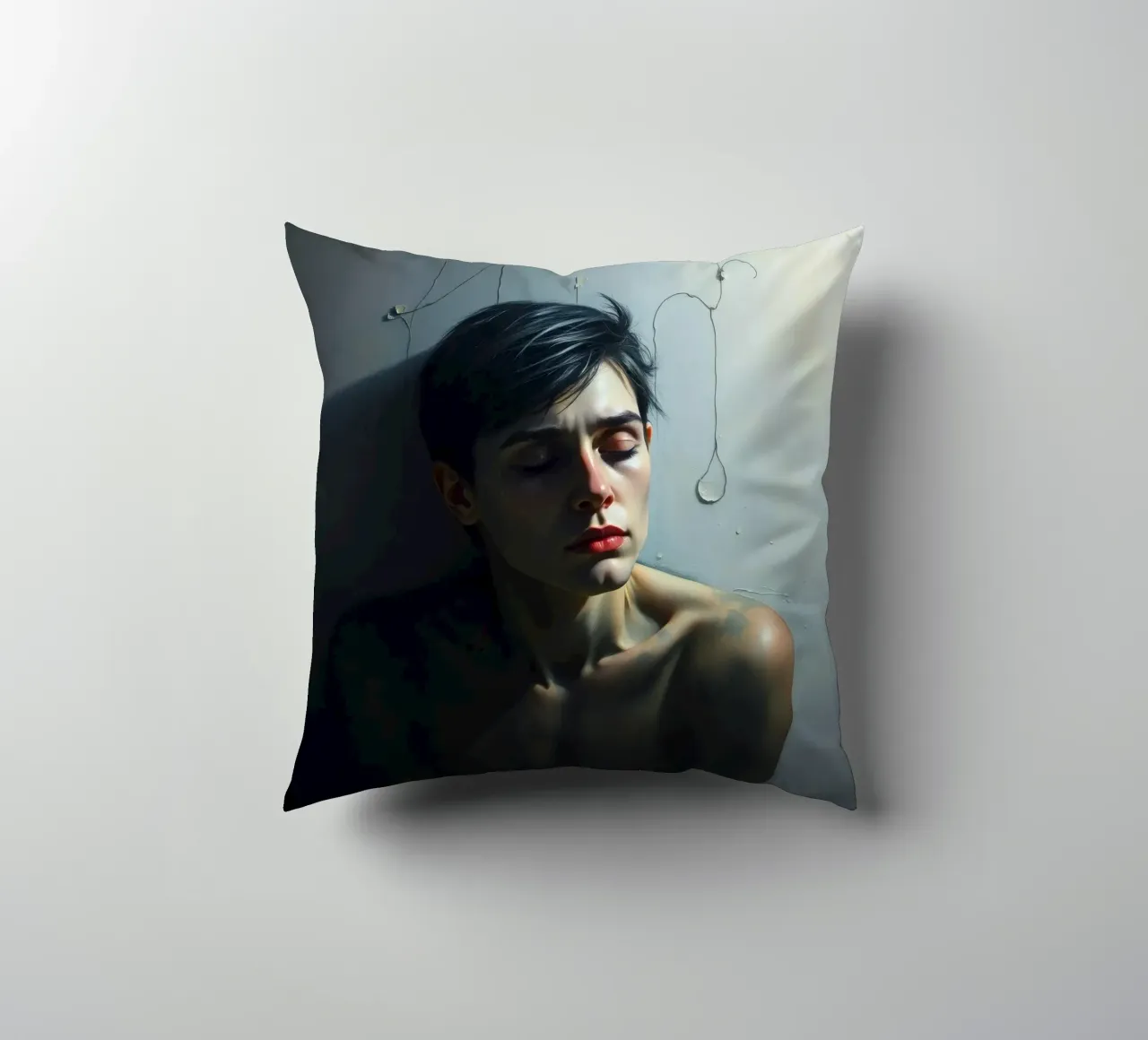 Expression of vulnerability and contemplation in a dimly lit decorative cushion by DesignDoodle