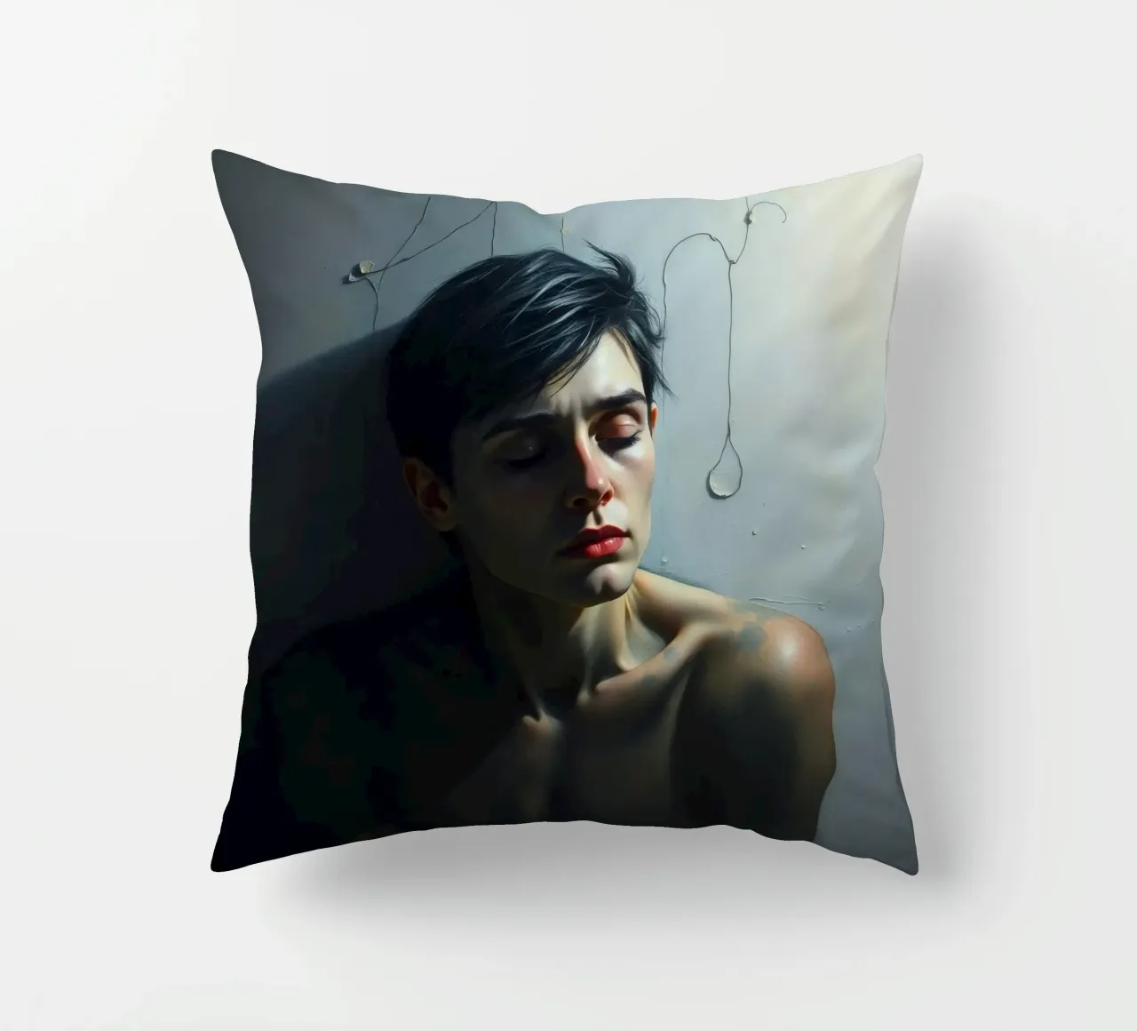 Expression of vulnerability and contemplation in a dimly lit decorative cushion by DesignDoodle