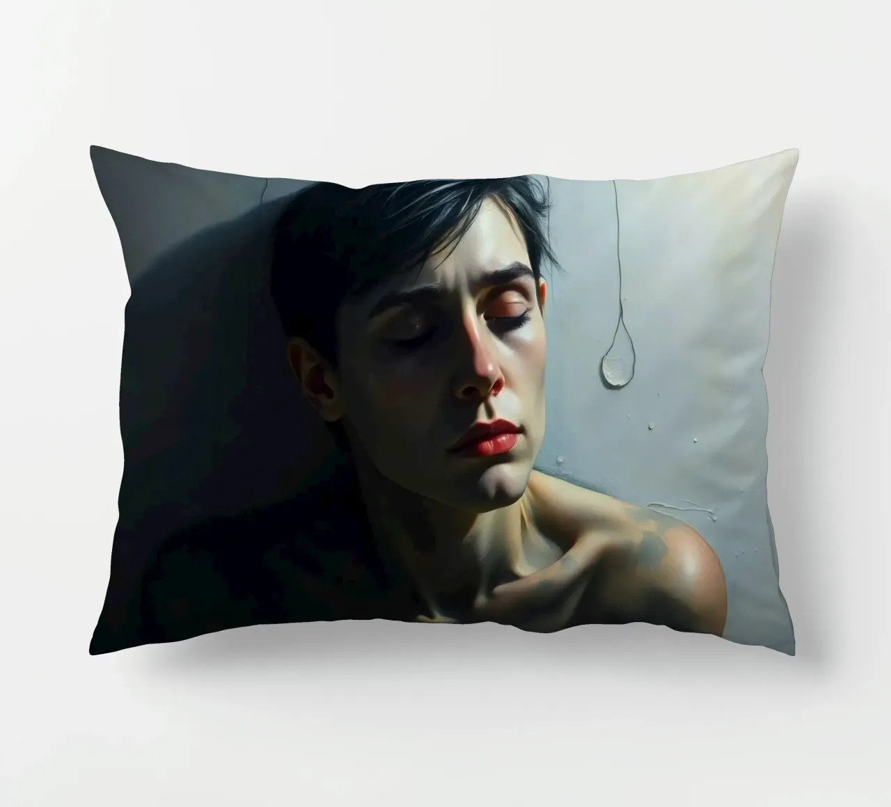 Expression of vulnerability and contemplation in a dimly lit decorative cushion by DesignDoodle