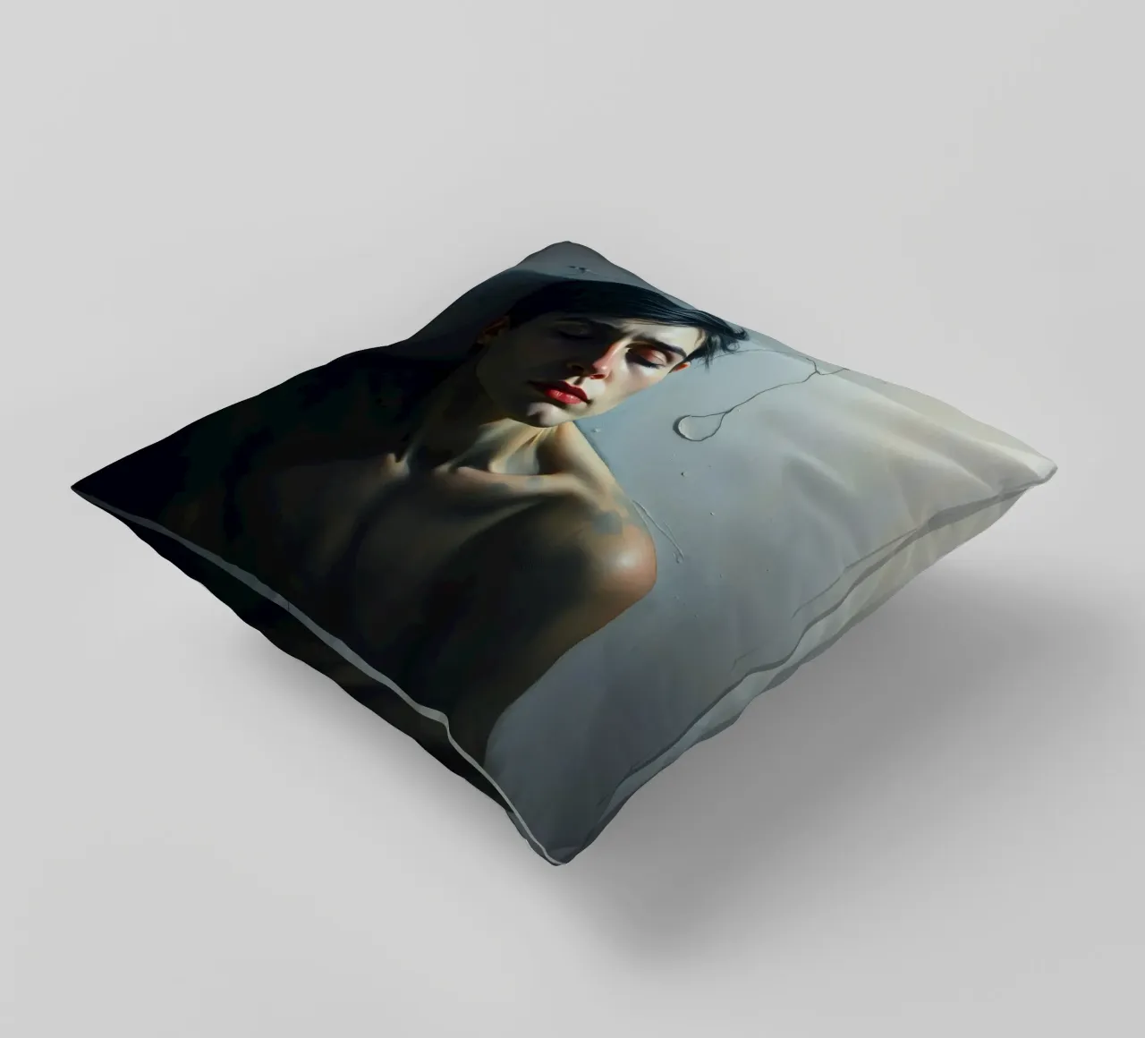 Expression of vulnerability and contemplation in a dimly lit decorative cushion by DesignDoodle