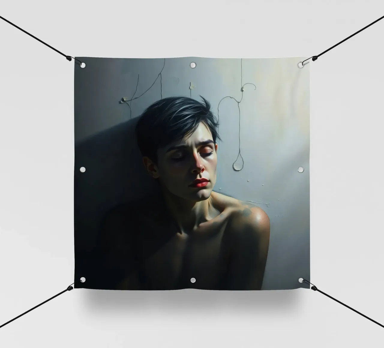 Espressione di vulnerabilità e contemplazione in un ambiente poco illuminato. telo in pvc da DesignDoodle