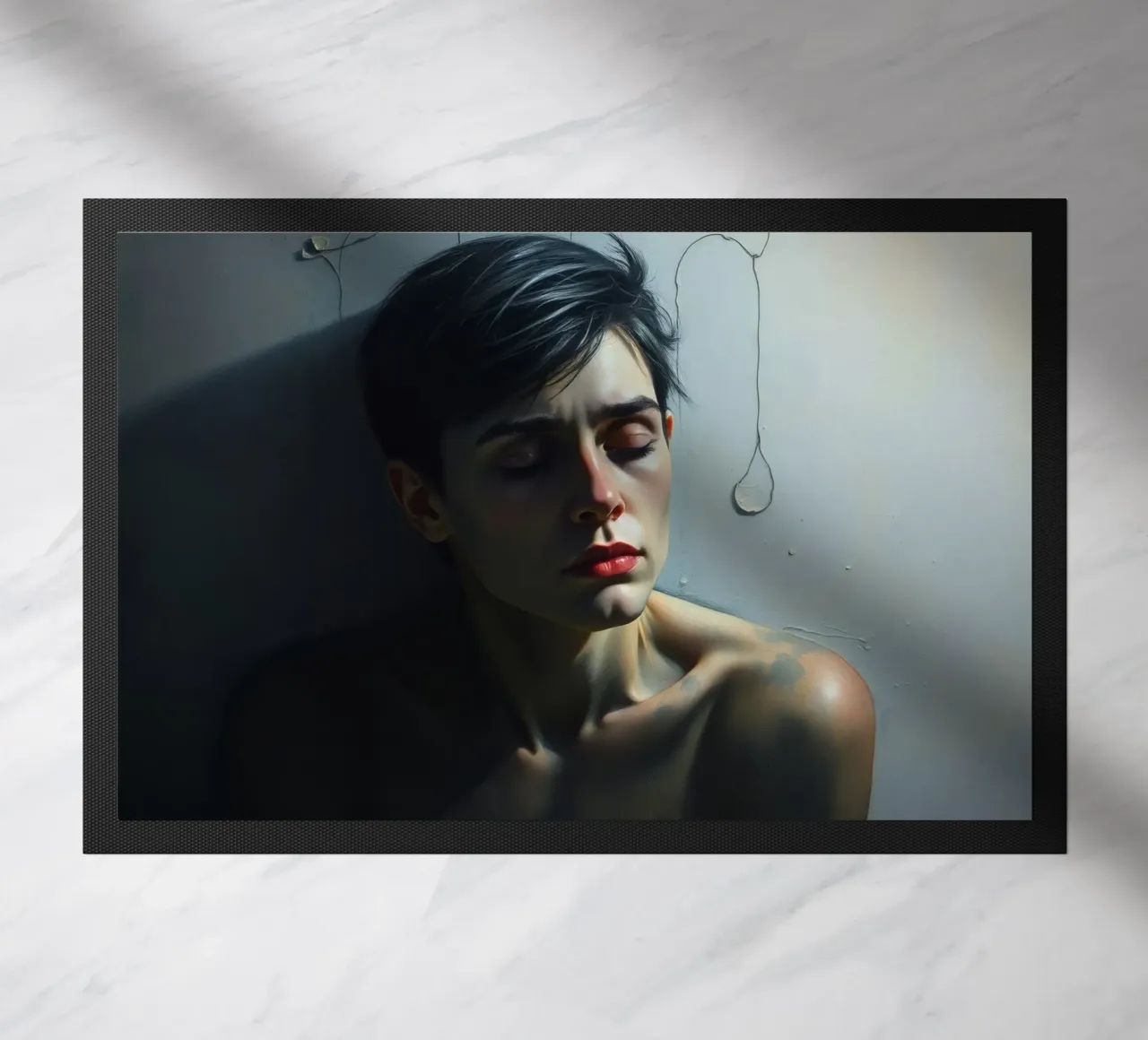 Espressione di vulnerabilità e contemplazione in un ambiente poco illuminato. zerbino da DesignDoodle