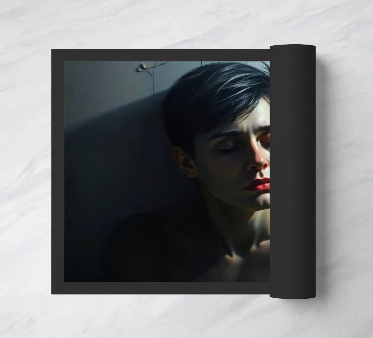 Espressione di vulnerabilità e contemplazione in un ambiente poco illuminato. zerbino da DesignDoodle