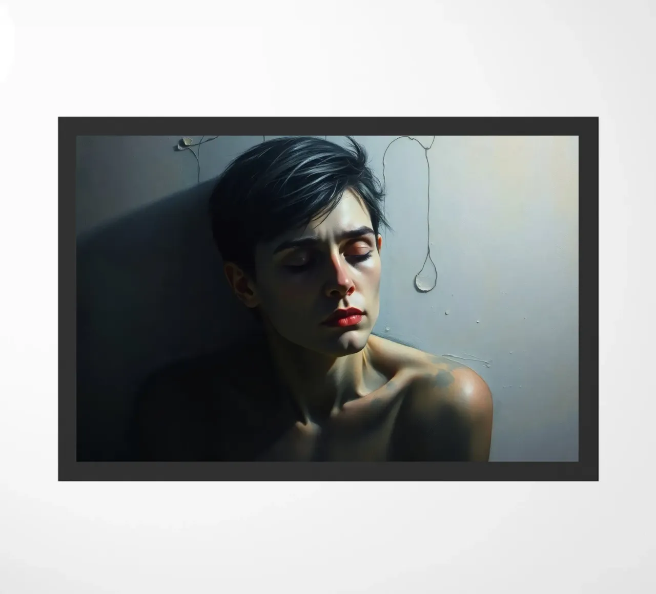 Espressione di vulnerabilità e contemplazione in un ambiente poco illuminato. zerbino da DesignDoodle