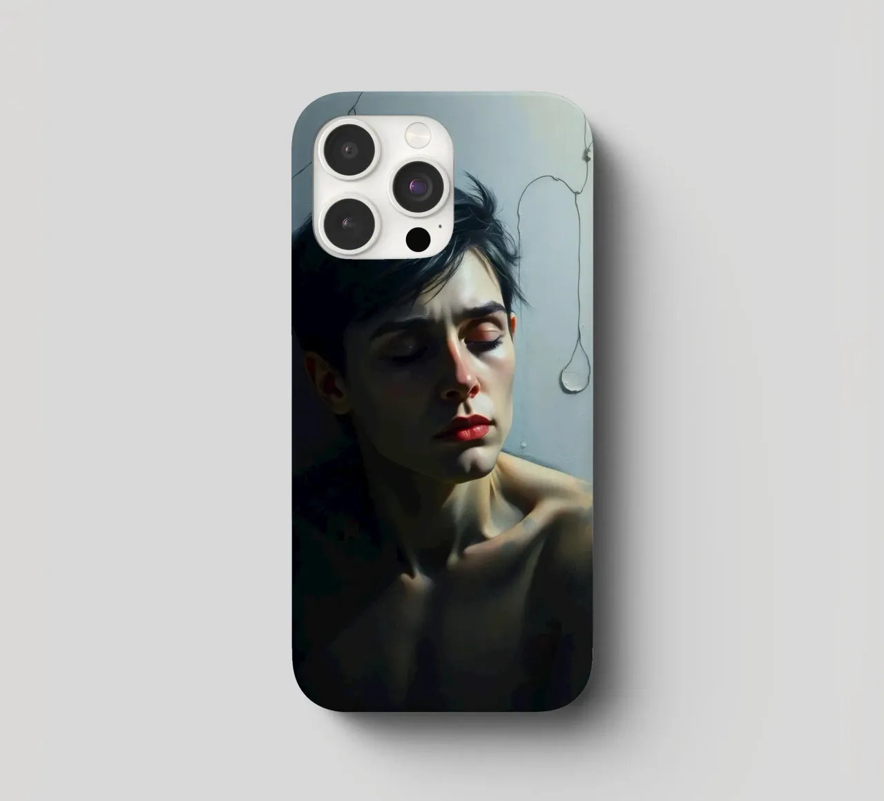 Expression of vulnerability and contemplation in a dimly lit iphone case by DesignDoodle