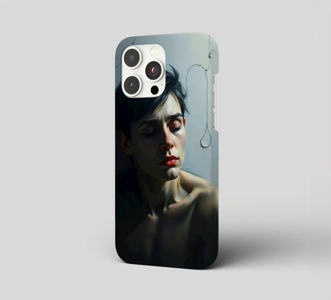 Expression of vulnerability and contemplation in a dimly lit iphone case by DesignDoodle