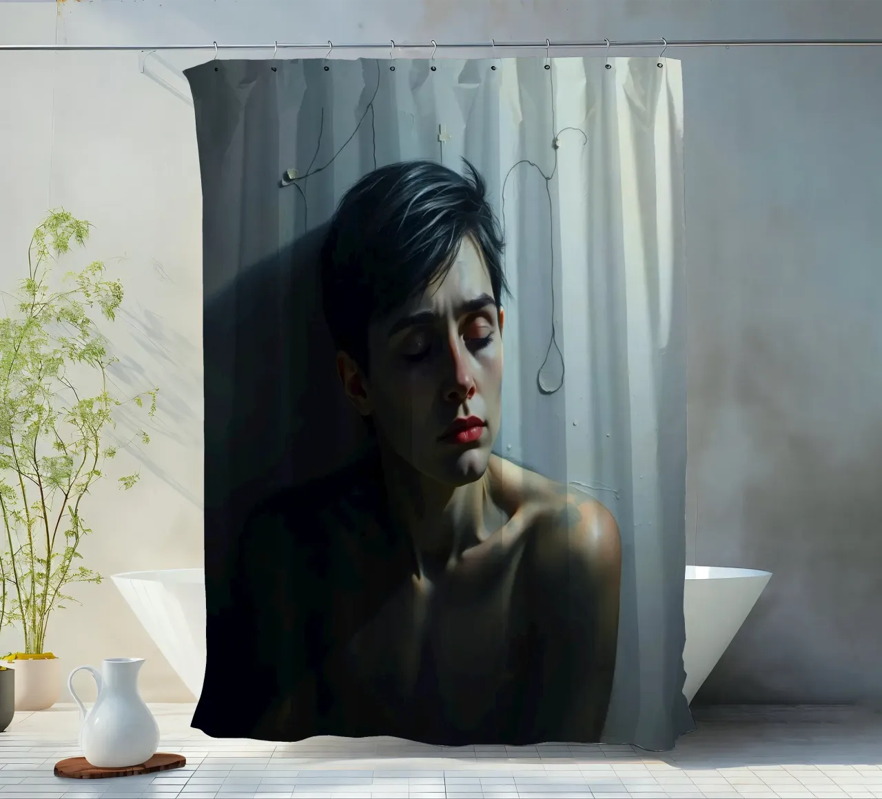 Expression of vulnerability and contemplation in a dimly lit shower curtain by DesignDoodle
