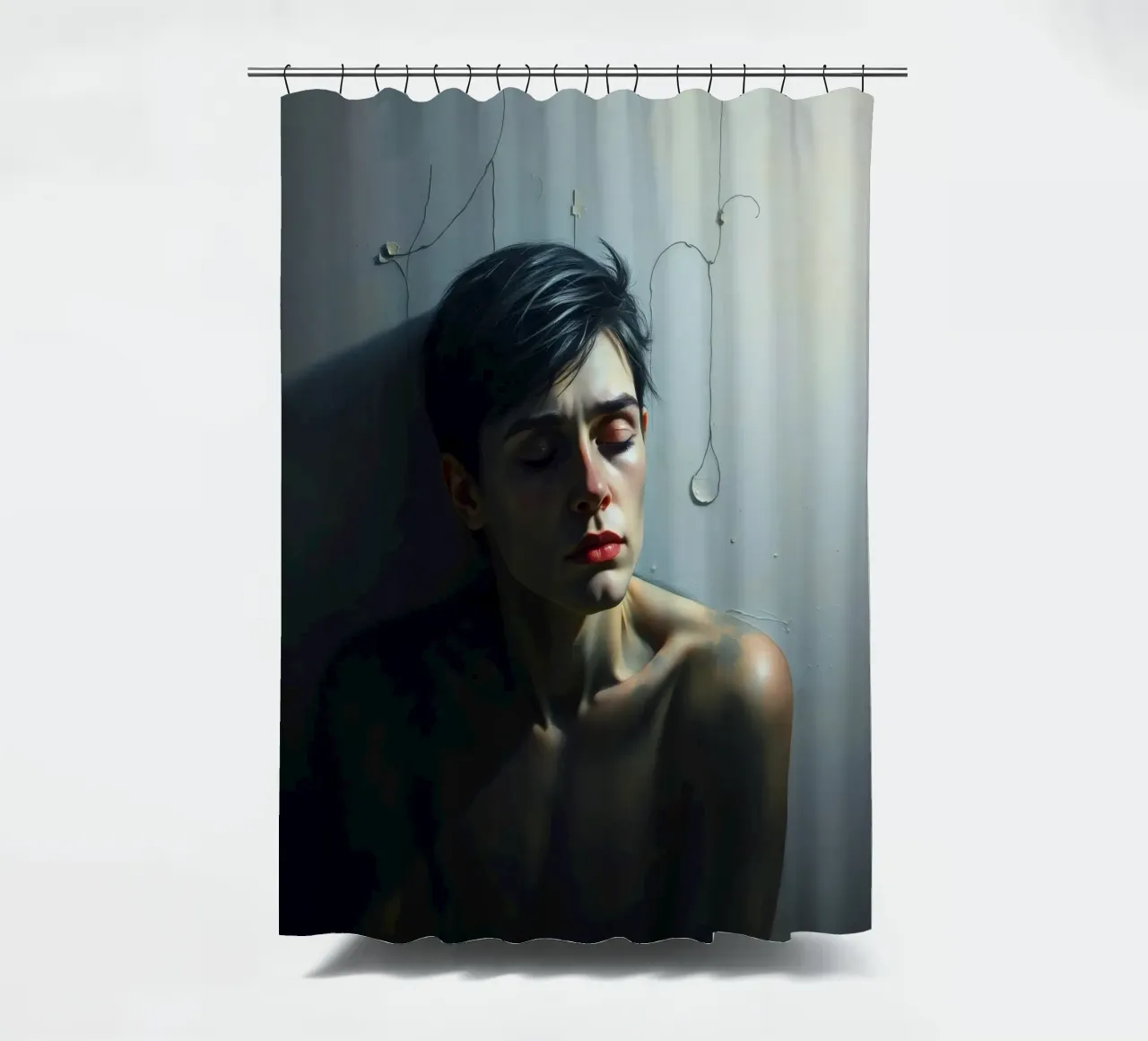 Expression of vulnerability and contemplation in a dimly lit shower curtain by DesignDoodle
