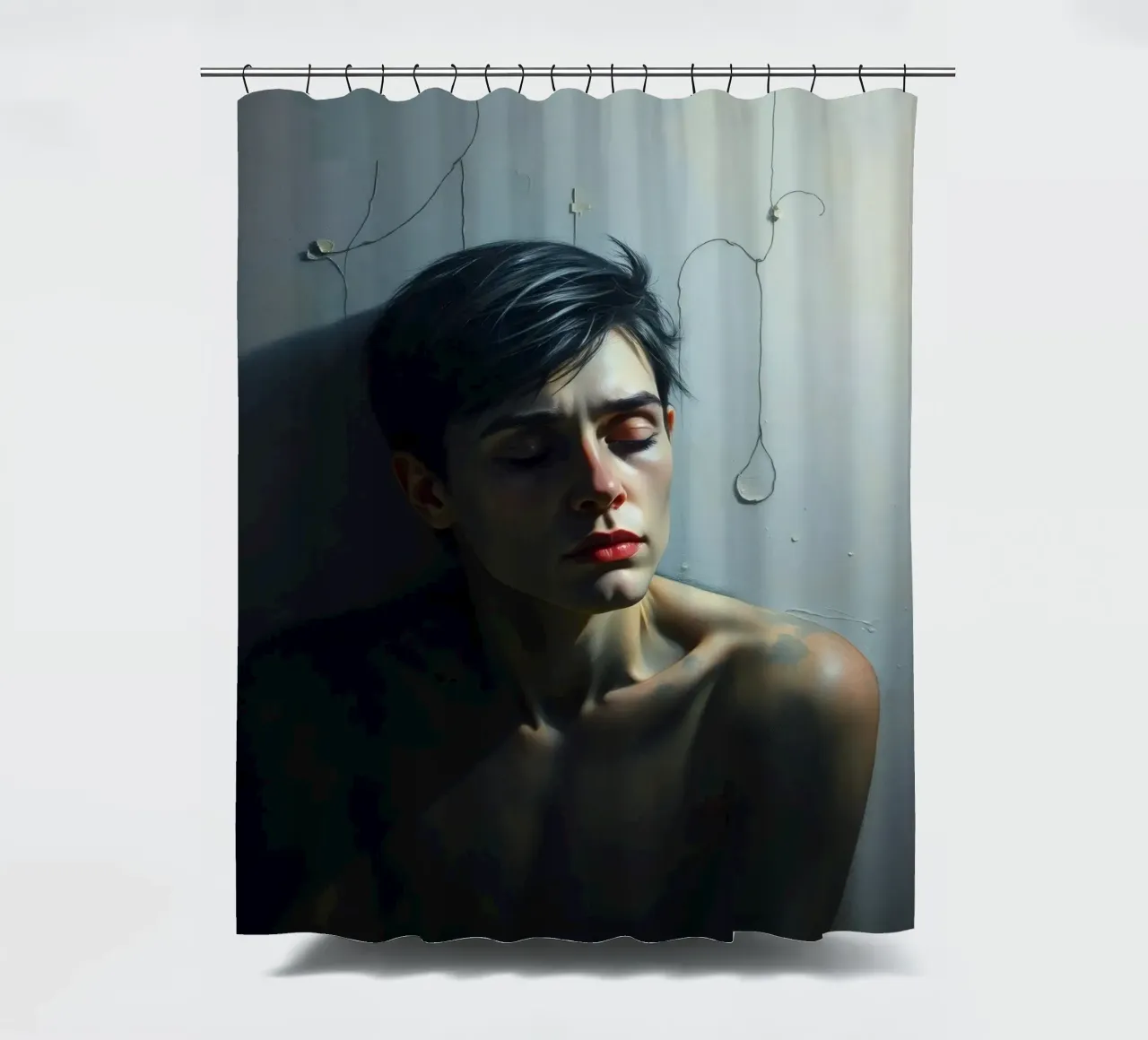 Expression of vulnerability and contemplation in a dimly lit shower curtain by DesignDoodle