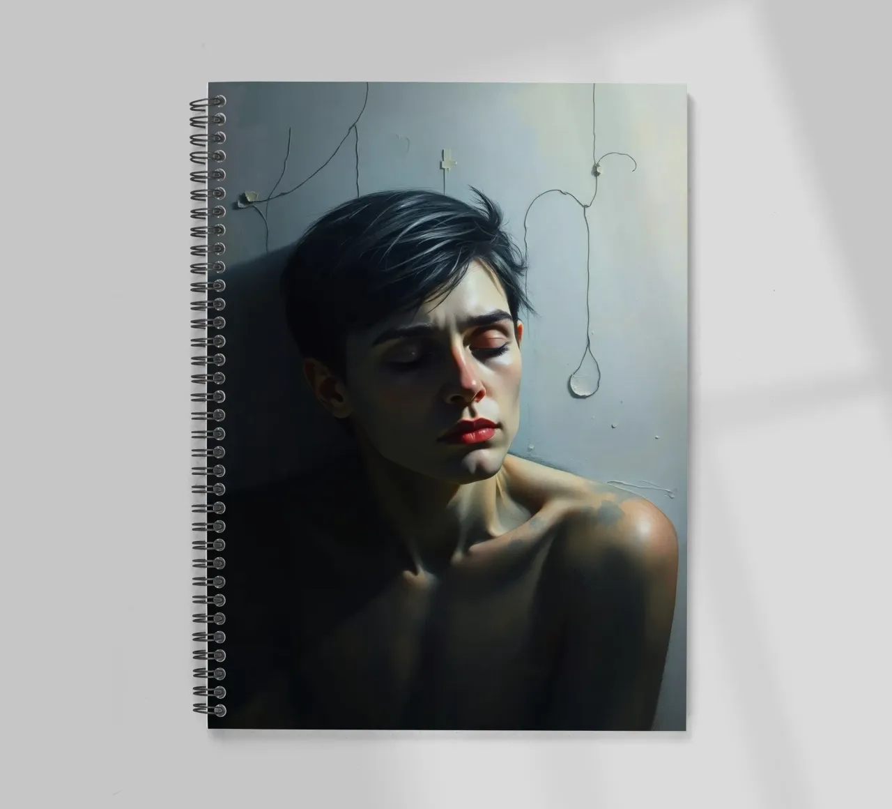 Expression of vulnerability and contemplation in a dimly lit spiral notebook by DesignDoodle