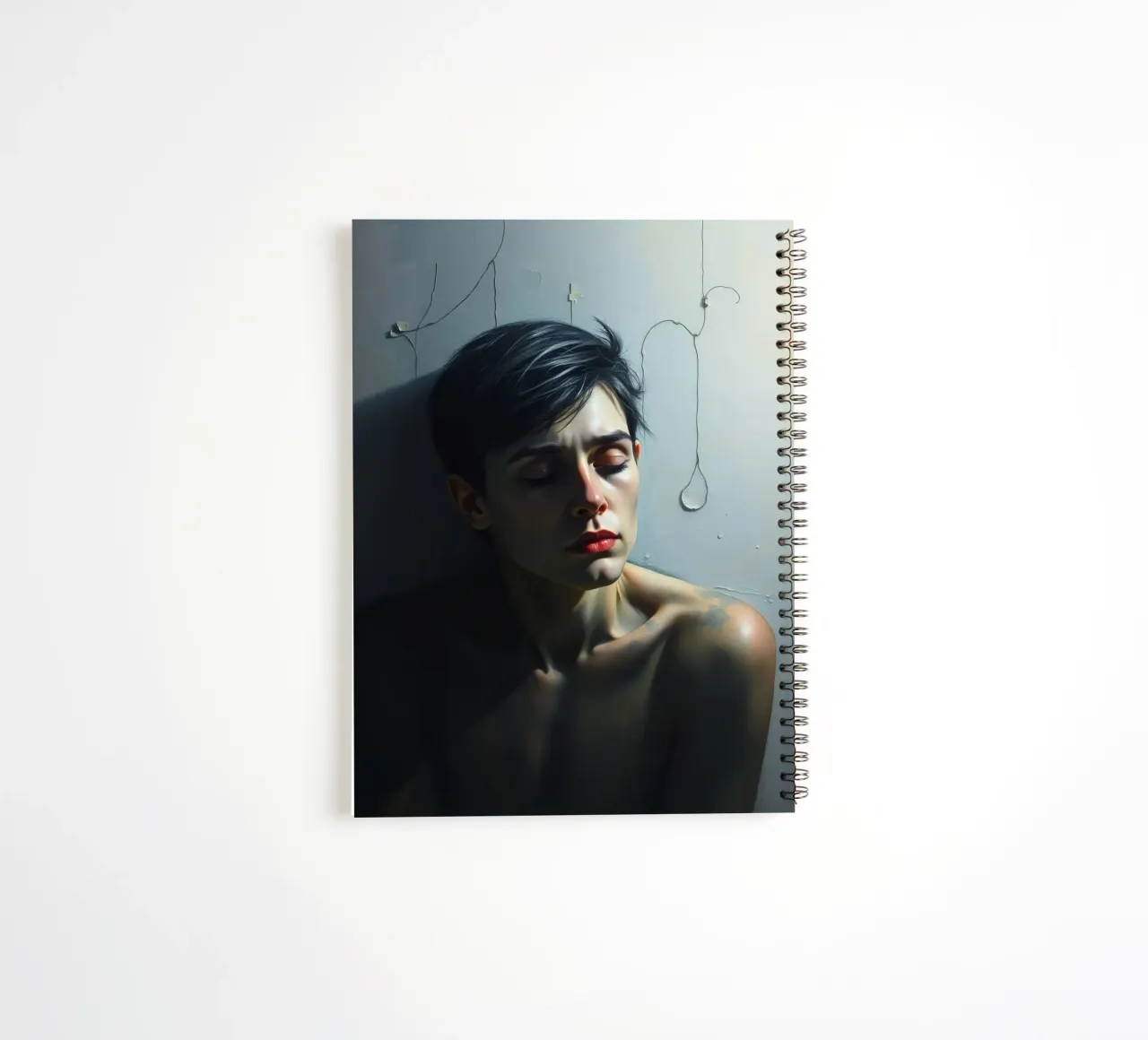 Expression of vulnerability and contemplation in a dimly lit spiral notebook by DesignDoodle