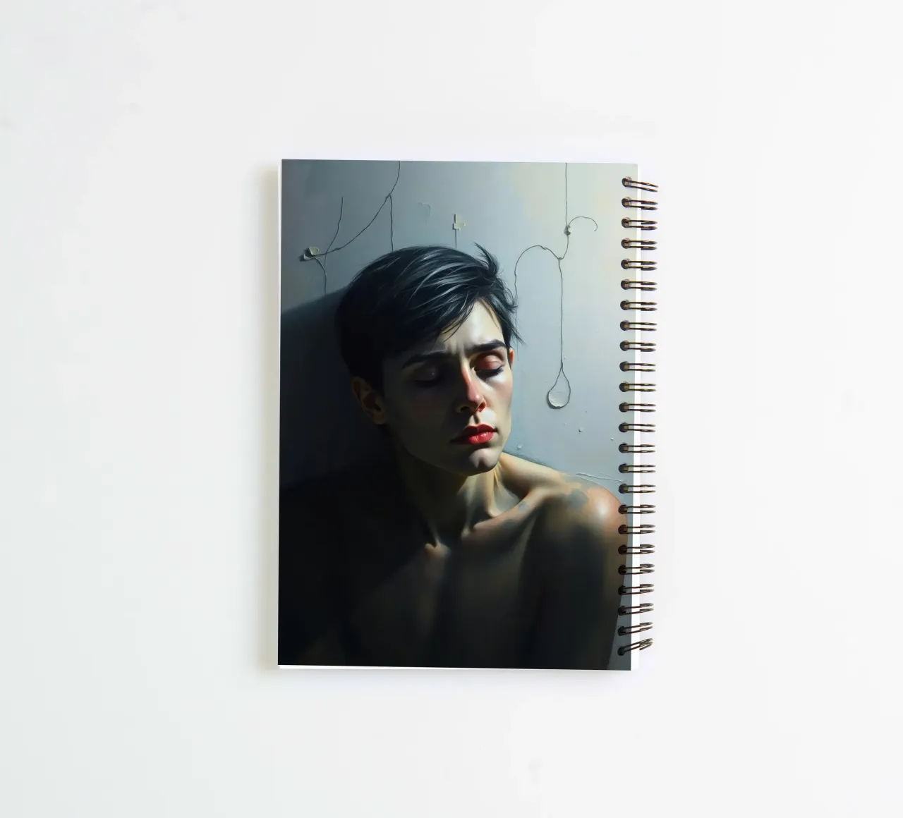 Expression of vulnerability and contemplation in a dimly lit spiral notebook by DesignDoodle