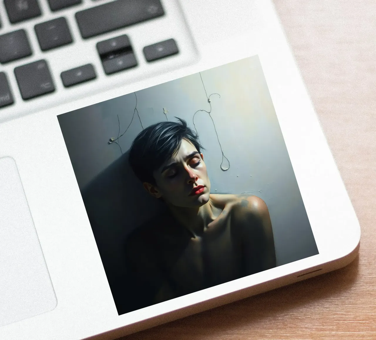 Expression of vulnerability and contemplation in a dimly lit sticker by DesignDoodle