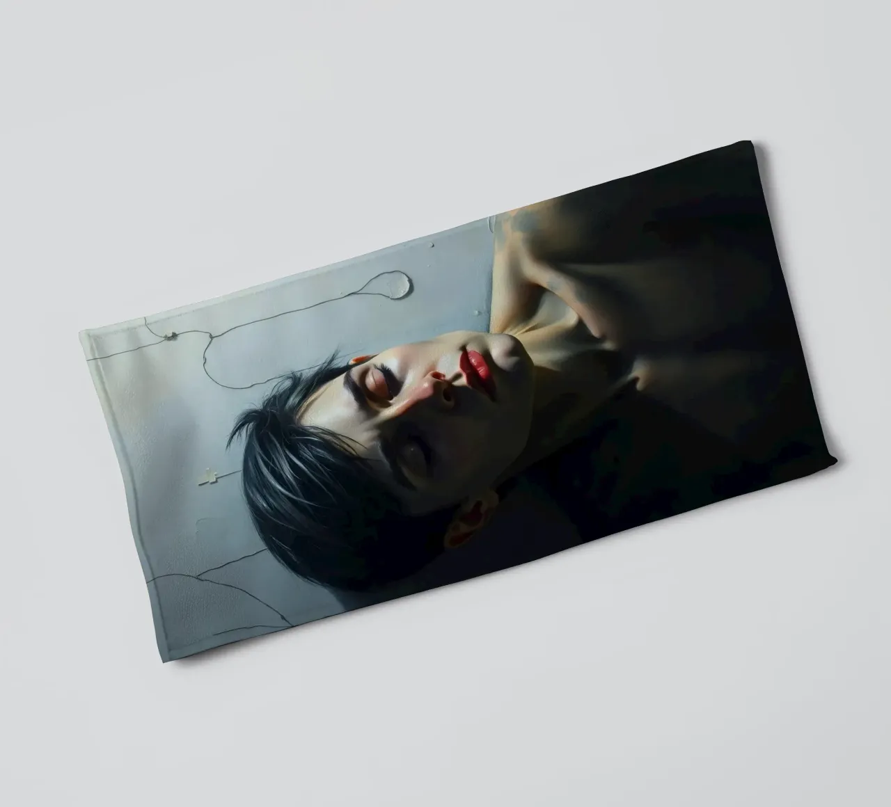 Expression of vulnerability and contemplation in a dimly lit towel by DesignDoodle