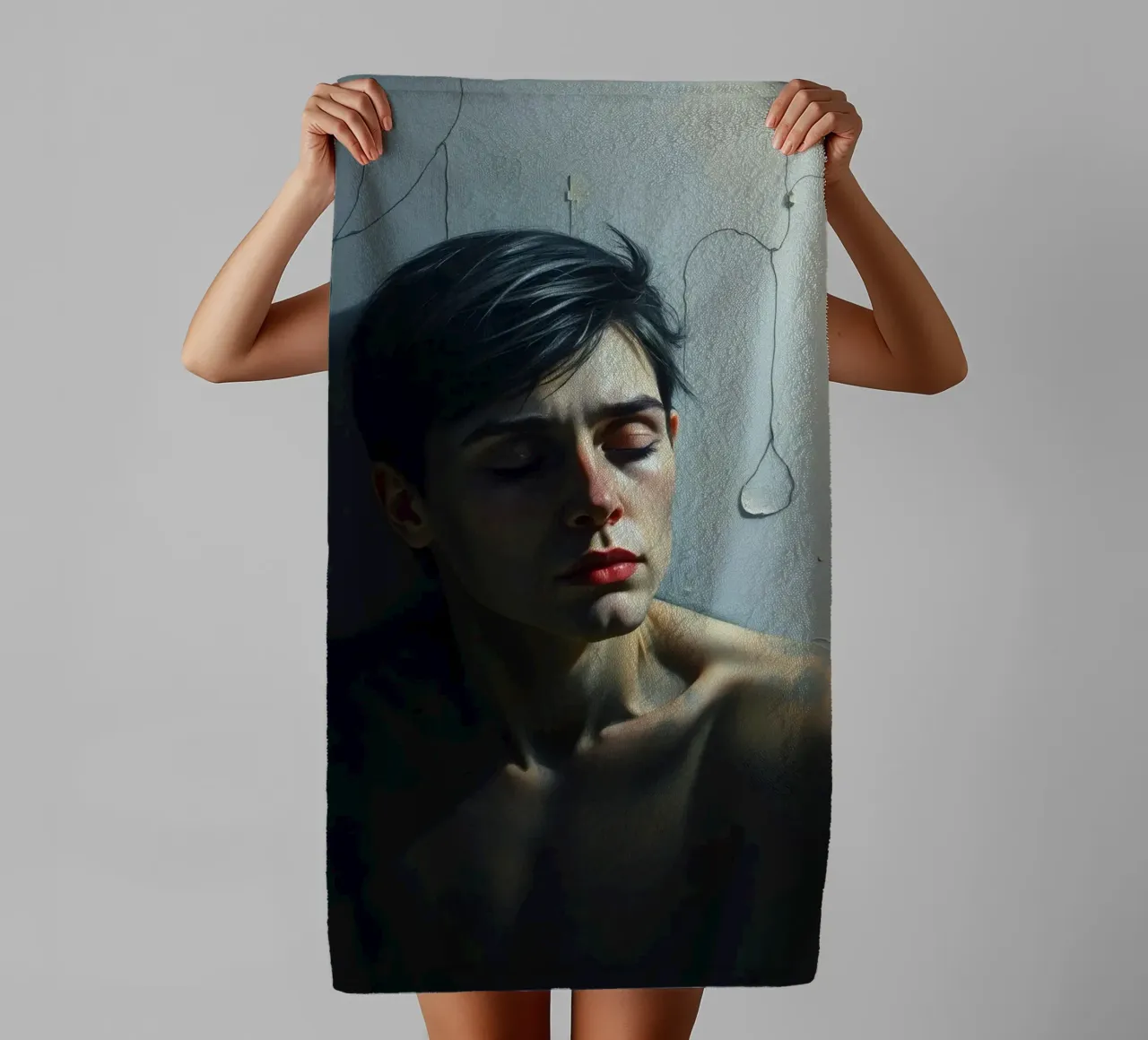 Expression of vulnerability and contemplation in a dimly lit towel by DesignDoodle