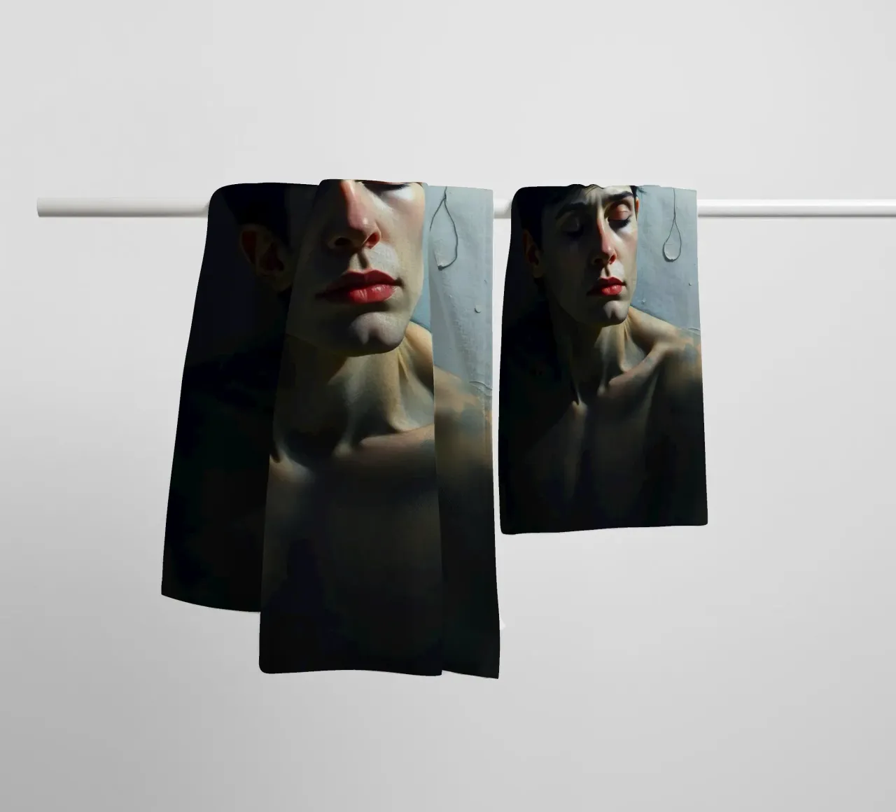 Expression of vulnerability and contemplation in a dimly lit towel by DesignDoodle