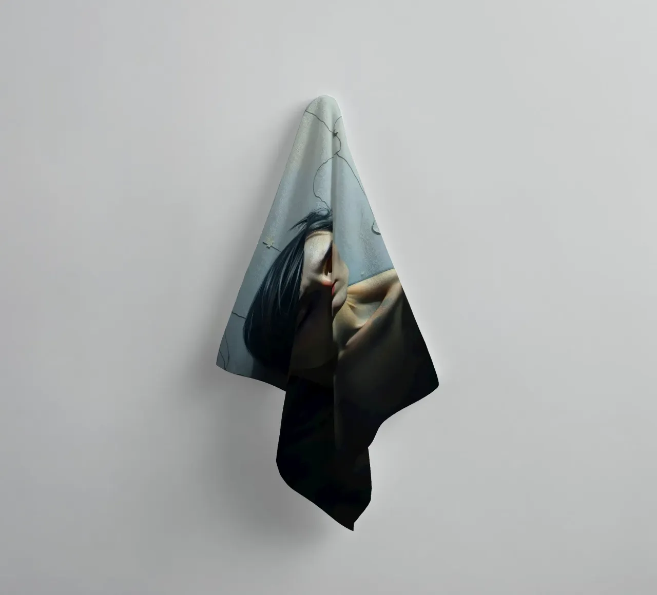 Expression of vulnerability and contemplation in a dimly lit towel by DesignDoodle