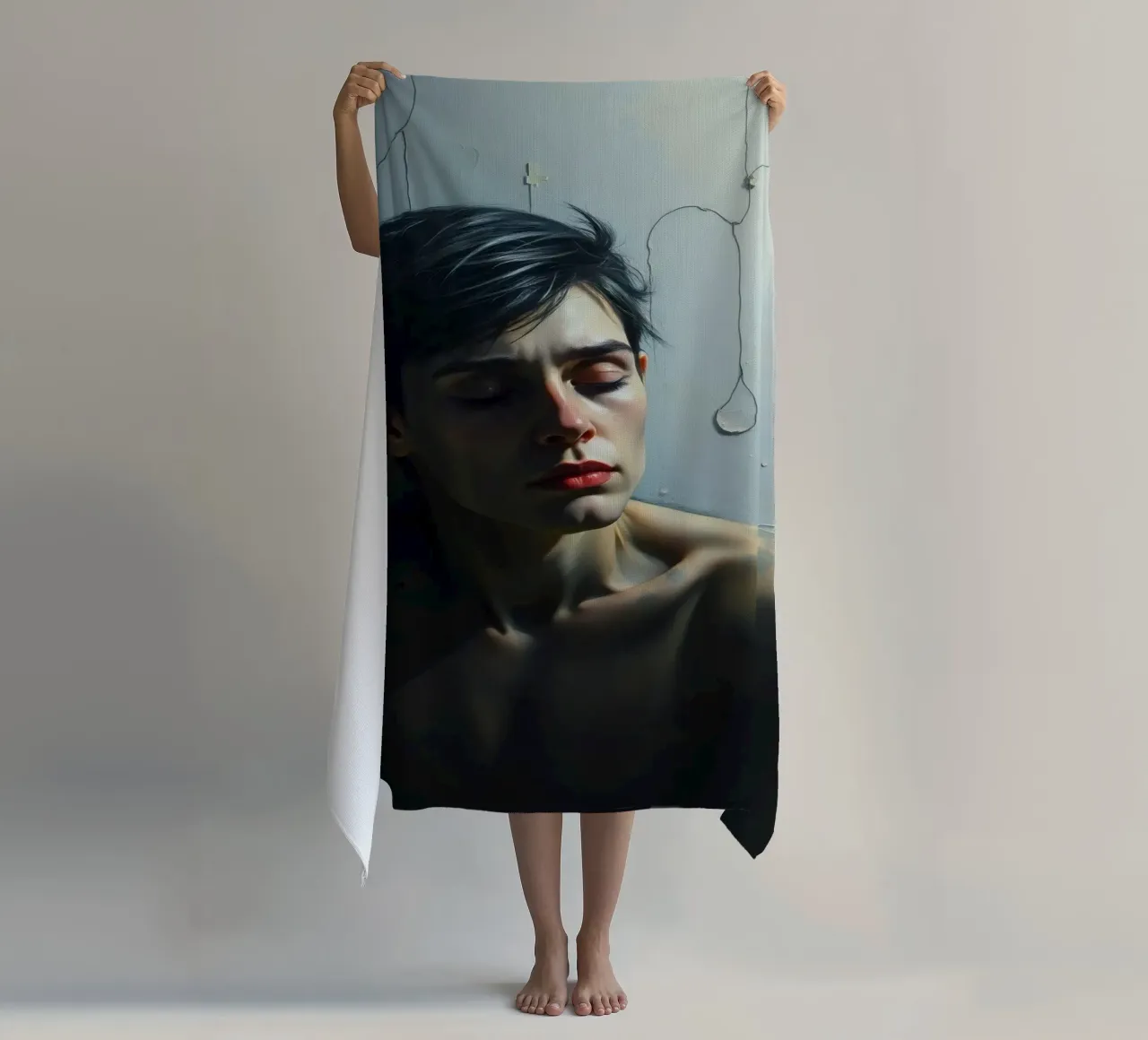 Expression of vulnerability and contemplation in a dimly lit beach towel by DesignDoodle