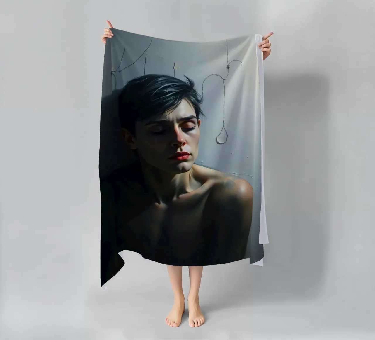 Expression of vulnerability and contemplation in a dimly lit beach towel by DesignDoodle