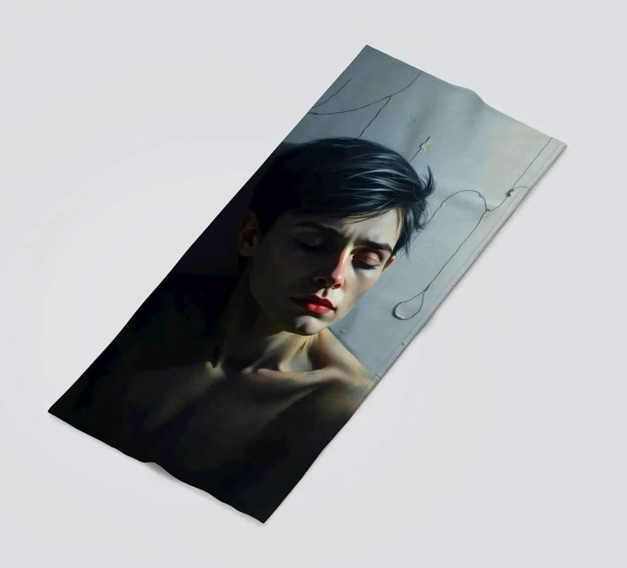 Expression of vulnerability and contemplation in a dimly lit beach towel by DesignDoodle