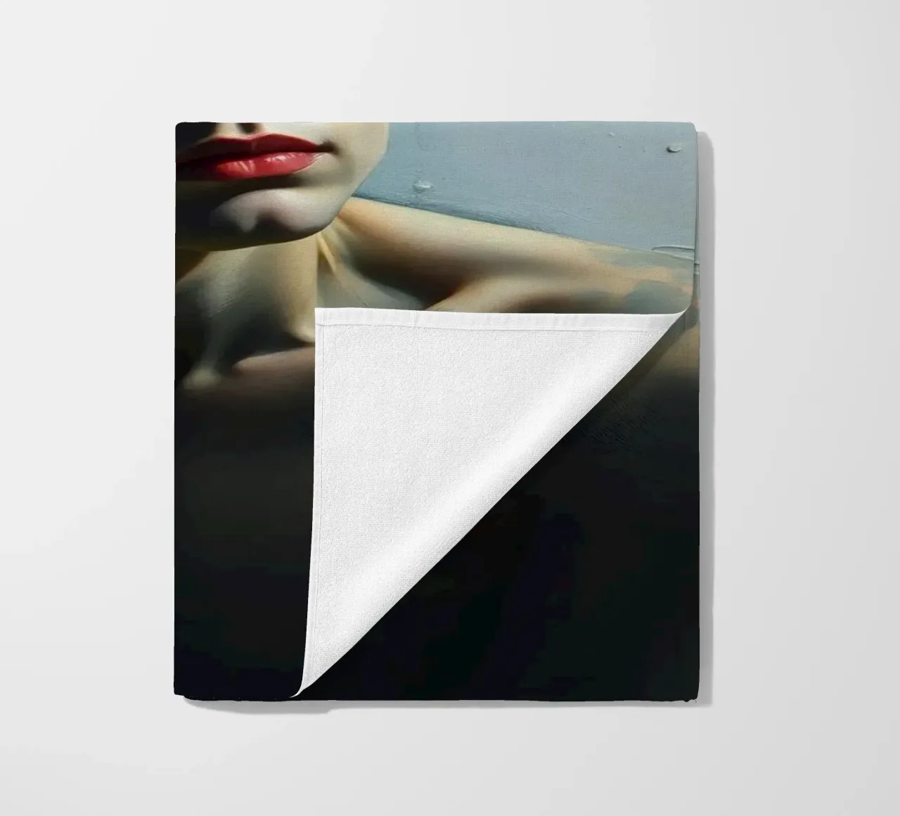 Expression of vulnerability and contemplation in a dimly lit beach towel by DesignDoodle