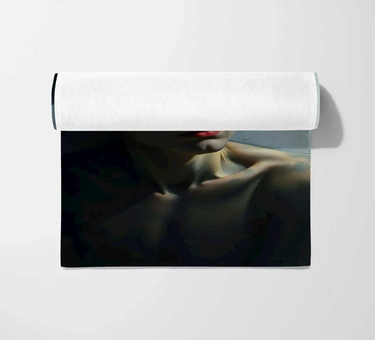 Expression of vulnerability and contemplation in a dimly lit beach towel by DesignDoodle