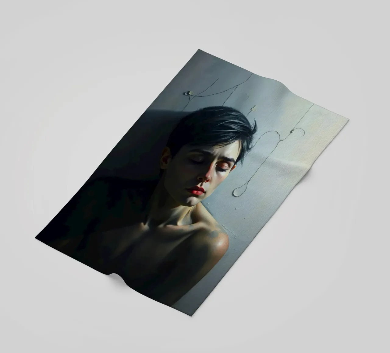 Expression of vulnerability and contemplation in a dimly lit beach towel by DesignDoodle