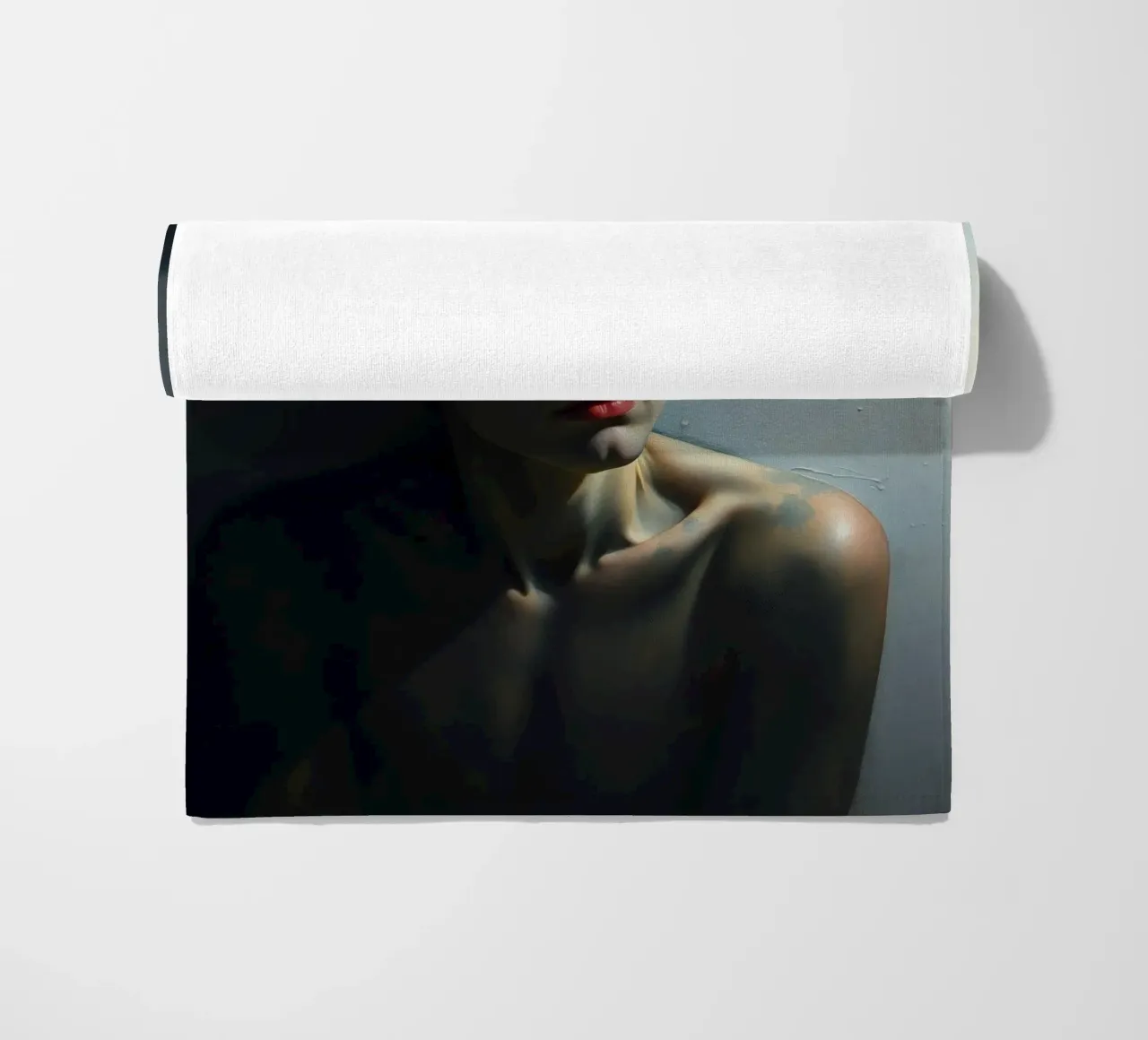 Expression of vulnerability and contemplation in a dimly lit beach towel by DesignDoodle